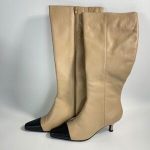 Terry Lewis Knee High Boots Womens 8.5W Beige Black Cap Toe Kitten Heel new